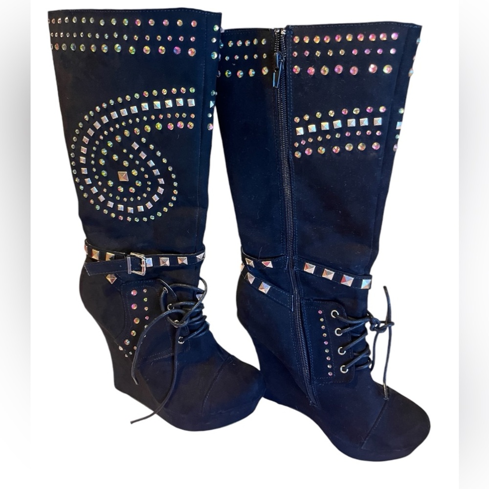 Mascotte black rhinestone knee high heel boots